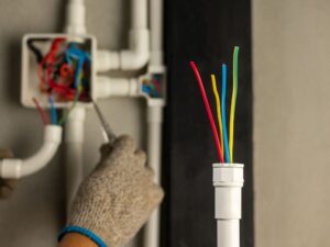 Caixa de passagem com fios expostos. Fios coloridos em caixa de distribuição mostram risco de choque elétrico. Entenda qual fio da choque: neutro ou fase e evite acidentes domésticos.
