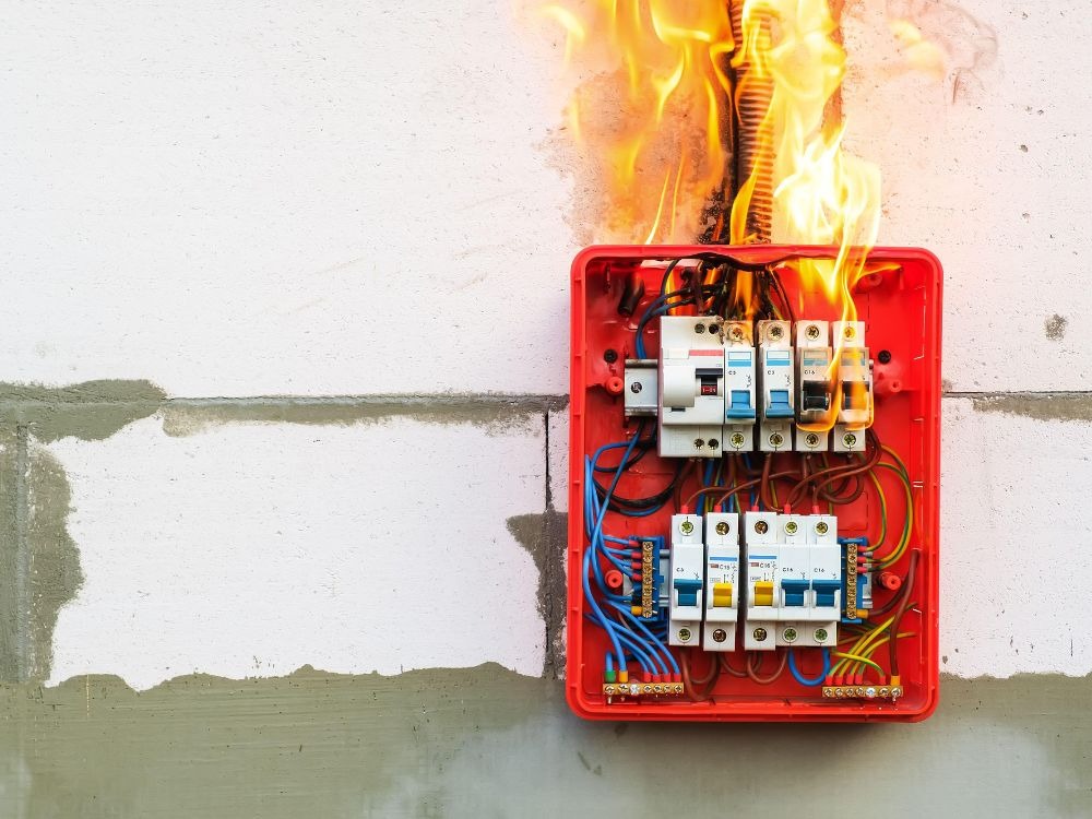 Um painel de disjuntores vermelho em uma parede de blocos de cimento, com chamas e fumaça saindo do interior, indicando um incêndio causado por sobrecarga elétrica.