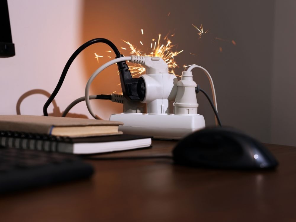 Como evitar curto circuito: plugue elétrico queimado por sobrecarga e falha de proteção na rede elétrica.