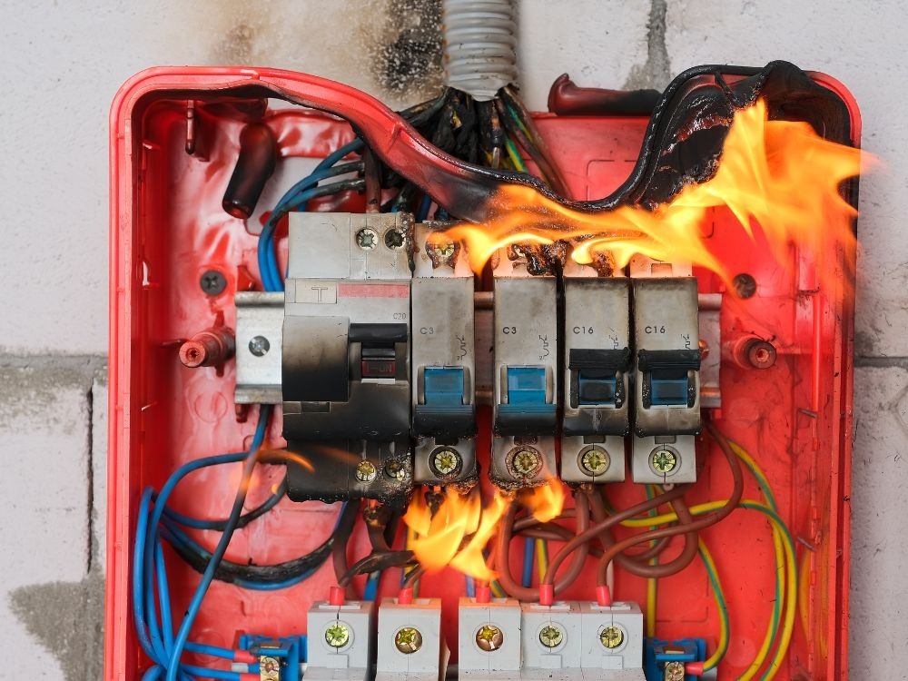 Como evitar curto circuito: quadro elétrico sobrecarregado com fiação danificada, situação que representa alto risco de incêndio.