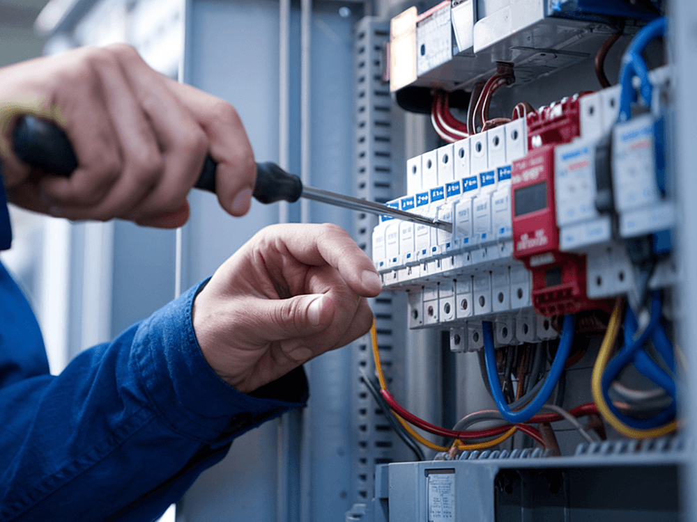 Profissional utiliza uma chave de fenda para verificar componentes de um painel elétrico durante uma inspeção técnica de segurança. Tudo para explicar sobre laudo SPDA.