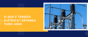 Arte de capa do artigo sobre tensão elétrica com ilustração de equipamentos de subestação e título informativo em destaque.